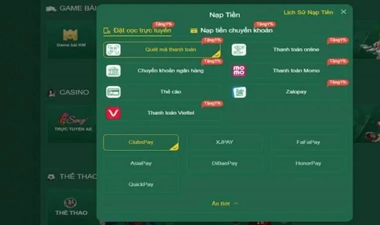 Giao diện nạp tiền HB88